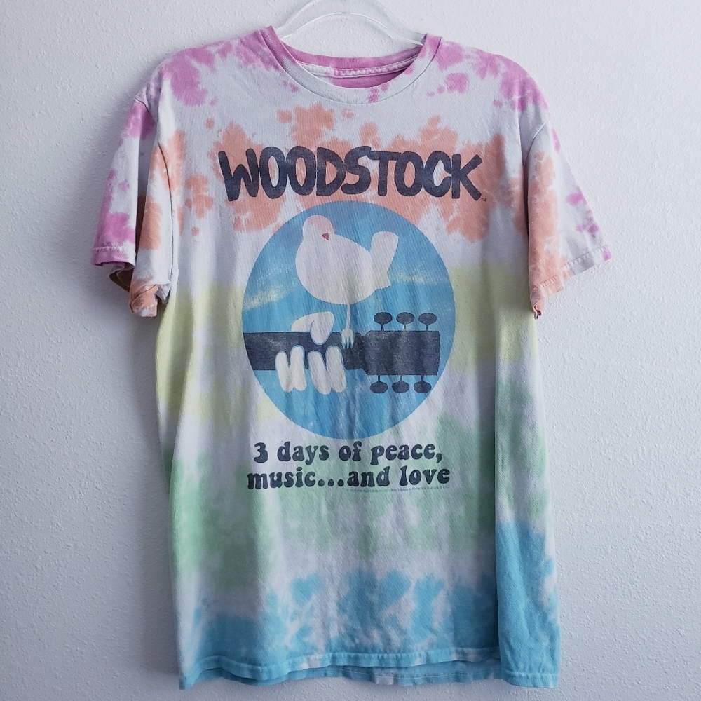 Vintage Wood Stock Liquid Blue Tie Dye Short Sleeve Band Tee Shirt